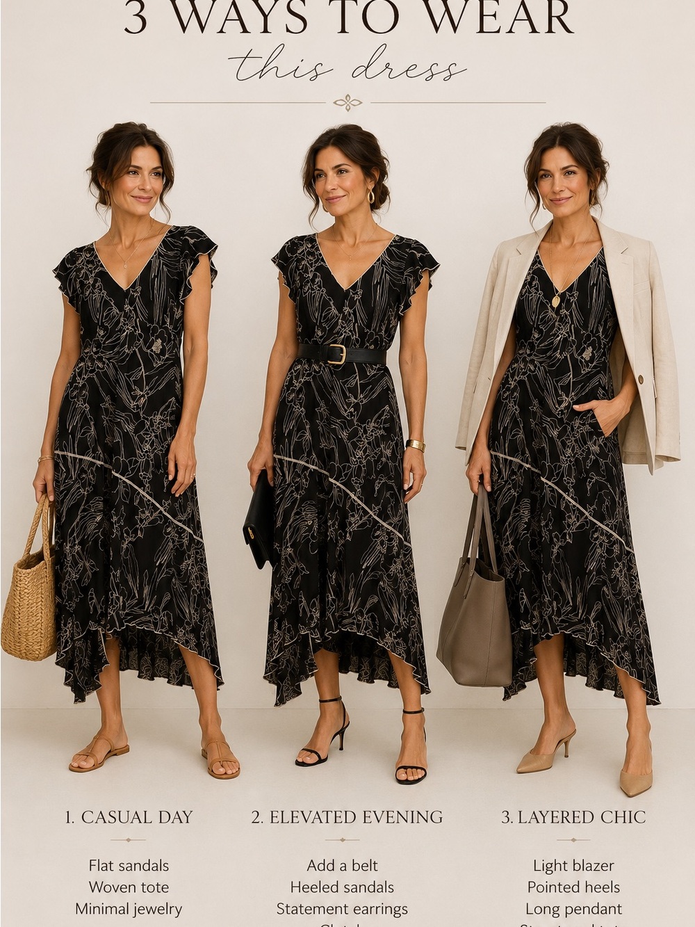 Black Floral High-Low V-Neck Ruffle Midi Dress